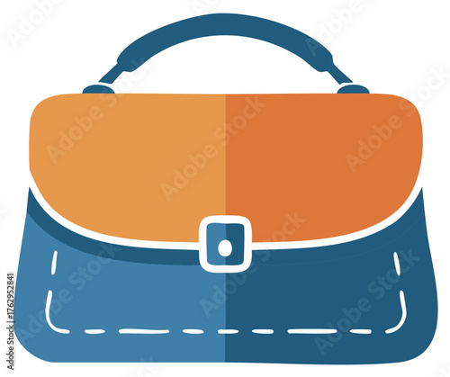 Flat design modern woman's handbag illustration in vibrant orange and blue colors with elegant details