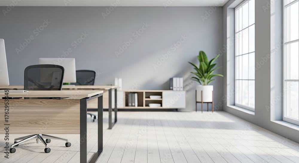 Fototapeta premium Modern office space with wooden desks and white walls.