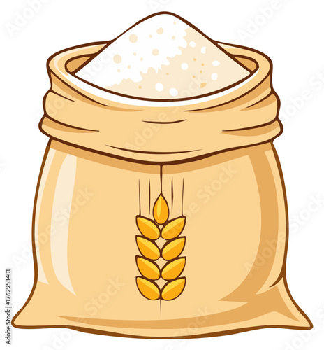 Cartoon illustration of a flour sack with wheat grain decoration, flour spilling out of a jute bag.