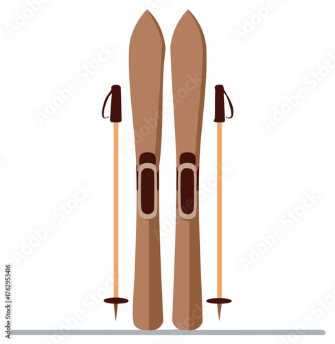 Retro wooden skis and poles set for winter sport activity