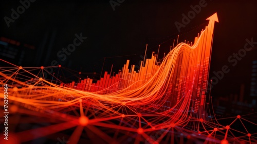Futuristic digital chart illustrating financial growth and market success with a rising arrow and data network connections