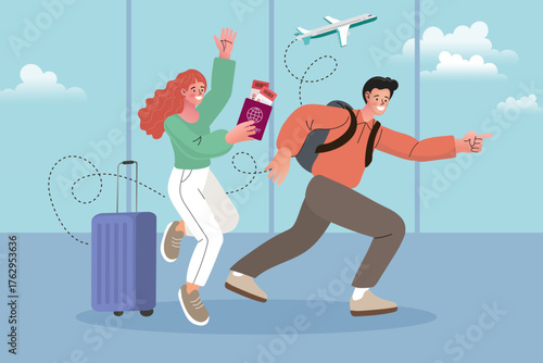 An excited couple runs through the airport terminal to catch their flight. The happy woman holds a passport and tickets, ready for their vacation, while the man leads the journey.
