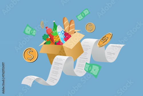 The high cost of living and grocery expenses. A box full food, vegetables, and drinks is shown with a long shopping receipt. Flying dollar bills and coins symbolize inflation and household budgeting.