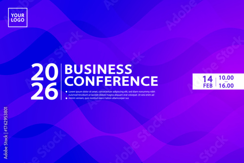 A business conference template for an event announcement. This modern purple and blue abstract wave background is for a poster, banner, or landing page. It includes space for a logo, date, and text.