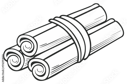 Bundle of cinnamon sticks, cartoon illustration of tied spice ingredients.