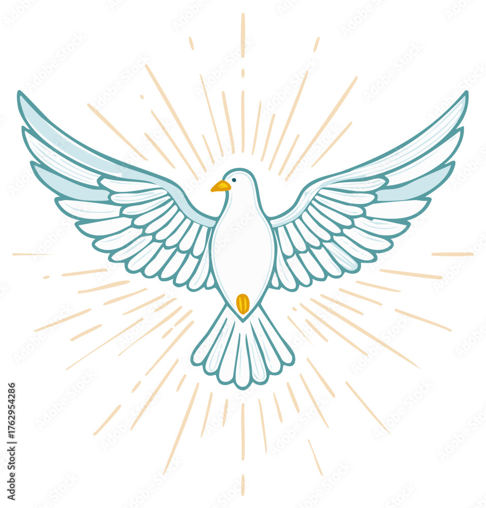 Obraz premium Elegant drawing of a white dove with wings spread and light rays emanating, a symbol of hope, peace, and new beginnings.