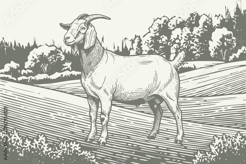 lineart illustration of a goat in an engraved style