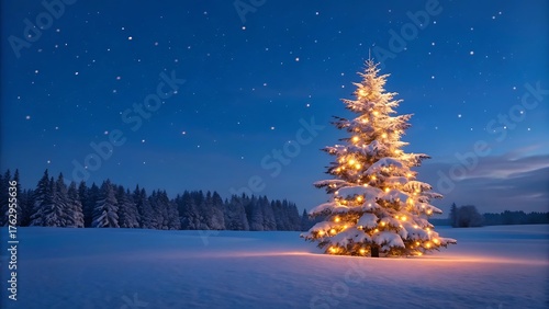 Beautiful christmas tree glowing in snowy winter night  
