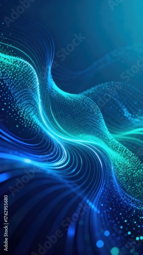 Abstract flowing waves of luminous blue and green particles create a dynamic and ethereal digital background