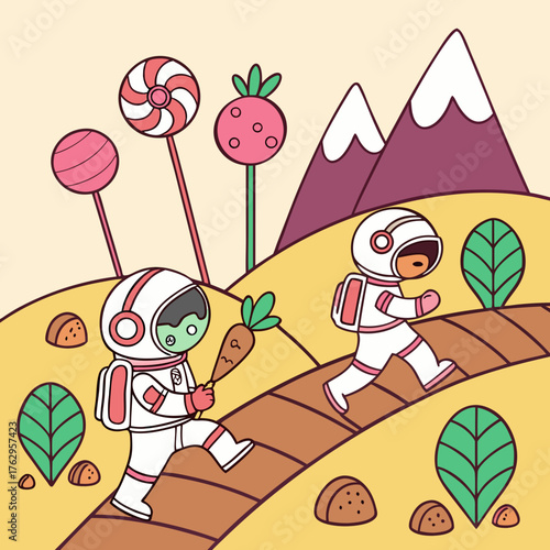 Two Astronauts Explore a Whimsical Candy Landscape