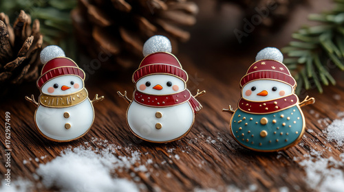 Snowman toys and Christmas tree branches on a table. Christmas and New Year Decorations