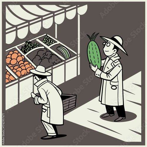 Two Men in Hats at a Produce Market Stand