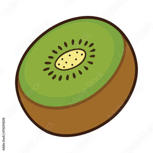 A detailed kiwi fruit coloring page featuring the fuzzy brown exterior and vibrant green interior with tiny black seeds, perfect for kids to explore nature and healthy fruits.
