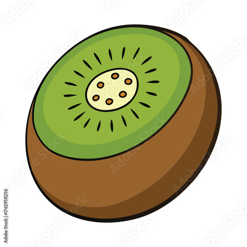 A detailed kiwi fruit coloring page featuring the fuzzy brown exterior and vibrant green interior with tiny black seeds, perfect for kids to explore nature and healthy fruits.
