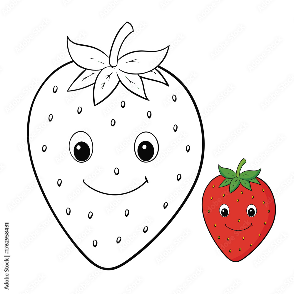 Obraz premium A sweet and juicy strawberry coloring page featuring a plump berry with tiny seeds and leafy top, perfect for kids to color and enjoy a fun fruity art activity. 