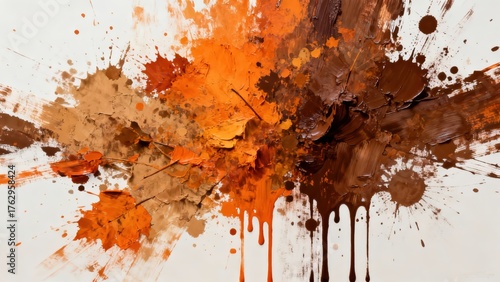 Abstract paint splatters in shades of brown and orange, dynamic creative artwork