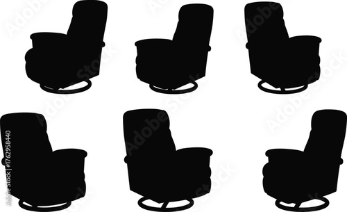 Recliner chair silhouette vector illustration with swivel base, modern lounge seating design for furniture, comfort, interior decor, ergonomic home relaxation