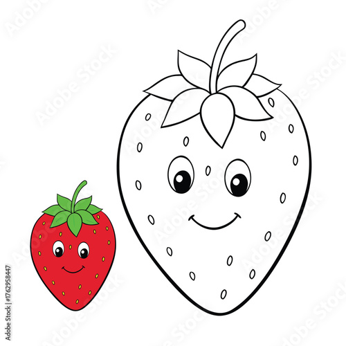 A sweet and juicy strawberry coloring page featuring a plump berry with tiny seeds and leafy top, perfect for kids to color and enjoy a fun fruity art activity.
