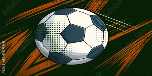 Black and white soccer ball on green grass background, perfect for a sport or game team competition illustration