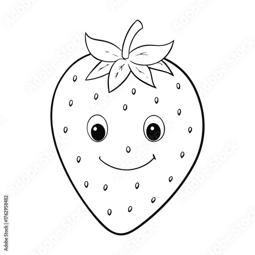A sweet and juicy strawberry coloring page featuring a plump berry with tiny seeds and leafy top, perfect for kids to color and enjoy a fun fruity art activity.
