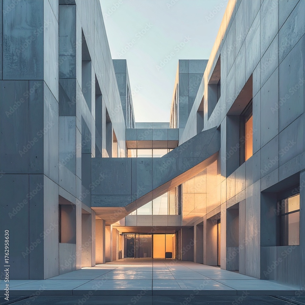 Fototapeta premium Modern Concrete Building Exterior with Illuminated Walkway.