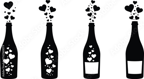 Romantic love bottle silhouettes with floating heart bubbles vector illustration, creative celebration design for Valentine’s Day, wedding, romance, and affection themes