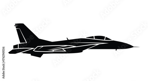 A detailed black silhouette of a modern fighter jet aircraft in profile view against a white background