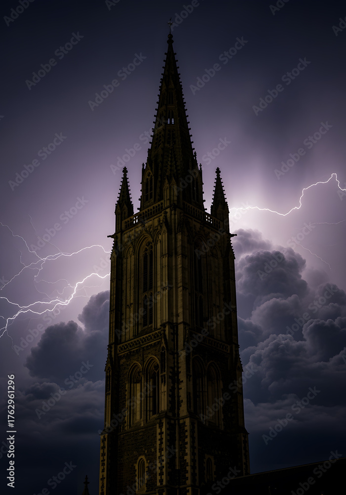 Obraz premium Dark Gothic Church Tower Silhouette Against a Stormy Night Sky