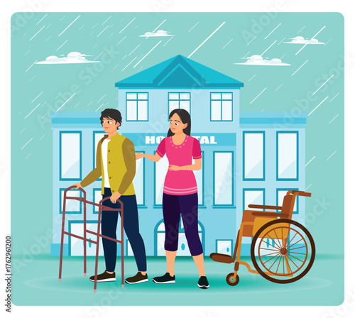 Rehabilitation hospital concept. Couple Outside Rehabilitation hospital.