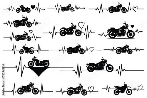 Black motorcycle silhouettes on white heartbeat lines