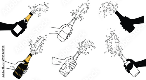 Set of champagne bottle vector illustrations with hands opening corks, spraying bubbles, and festive celebration elements for party and event design
