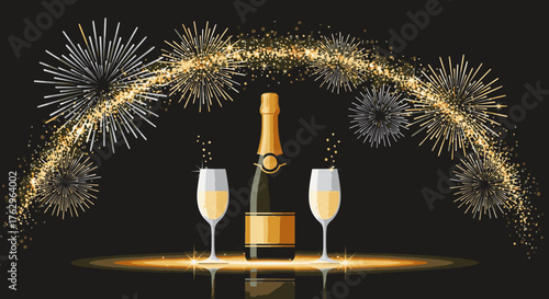 Champagne bottle and glasses celebration festive event with fireworks.