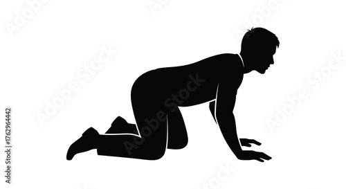 A person in a silhouette on their hands and knees in a crawling position against a white background silhouette