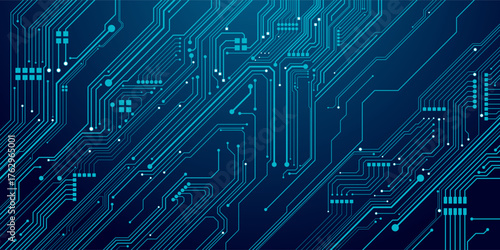 Circuit board wires in light blue on dark navy futuristic technology background. Artificial Intelligence banner concept. Abstract AI tech bg. Digital line pattern. Electronics Vector illustration.