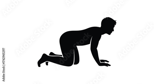 A woman in high heels on her hands and knees in a dynamic pose captured in a stark black silhouette against a white background