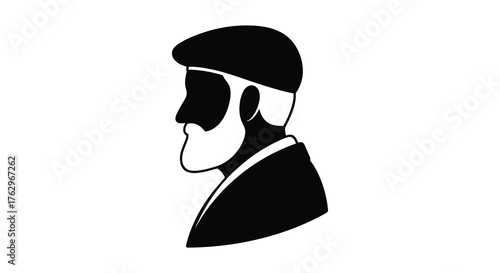 Stylized profile silhouette of a bearded man wearing a hat and suit jacket