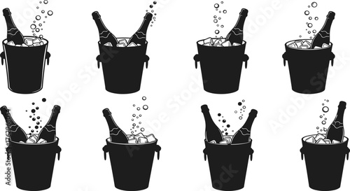 Vector set of champagne ice bucket silhouettes with sparkling wine bottles, bubbles, and festive celebration elements for party and holiday design