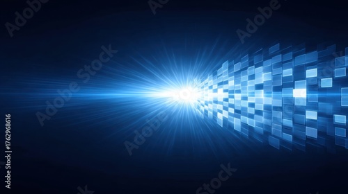 Dynamic Blue Light Burst, Abstract Digital Background with Sparkling Squares and Rays, Futuristic Technology Concept for Visual Design and Graphics Projects