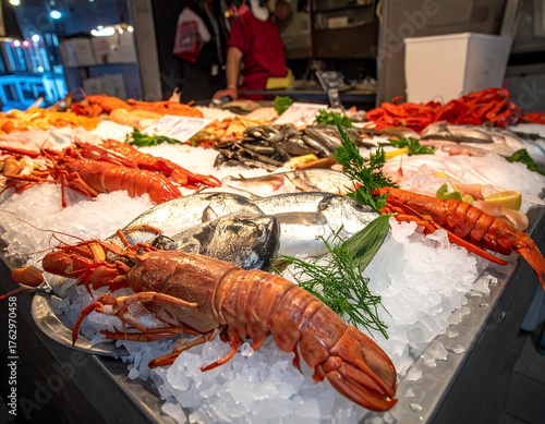 Display of fresh seafood on ice at a market stall