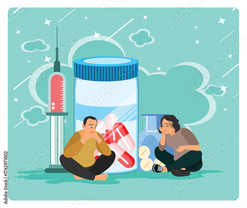 Drug addiction concept. Drug addict with Drugs and Syringes Next to a Large Pill Bottle.