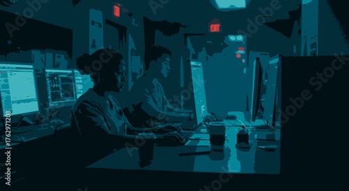 Two focused professionals diligently work on glowing computer screens in a dark, high-tech office, meticulously analyzing complex data with intense concentration.