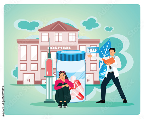 Drug rehab center concept. Hospital Scene With Medicine Bottle, Syringe, Patient And Doctor.