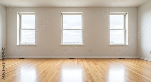 Interior of spacious living room with three windows and hardwood floor in empty house with white walls