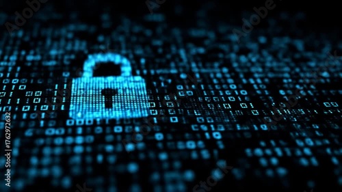 Glowing digital padlock over abstract binary code for cybersecurity, data privacy, and secure network technology background.