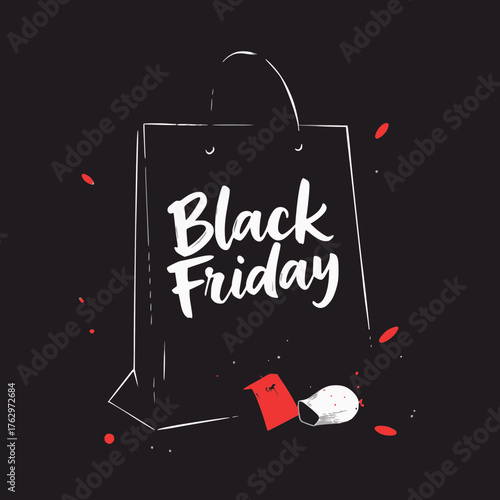 Vector art of black friday shopping bag with text and confetti, representing sales and discounts