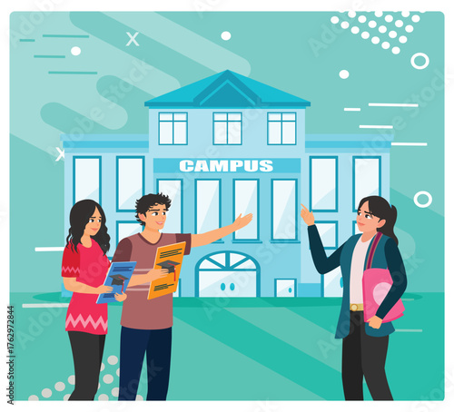 Campus visit concept. Students Guide Each Other In Front Of A Modern University Building.
