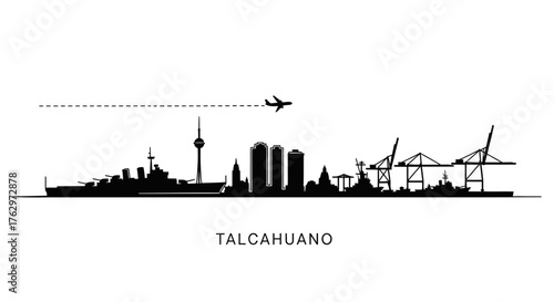 Talcahuano Chile Skyline Silhouette with Port and Airplane