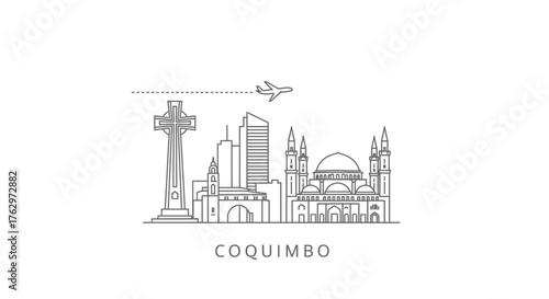 Coquimbo skyline with iconic cross, buildings, and airplane
