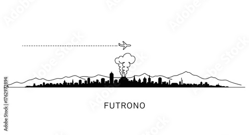 Futuristic City Skyline with Airplane and Smoke Cloud