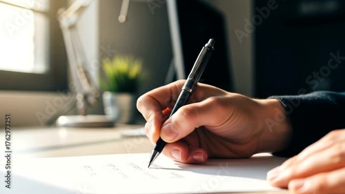 Close-up of a person writing on a notepad at a sunlit desk with plants